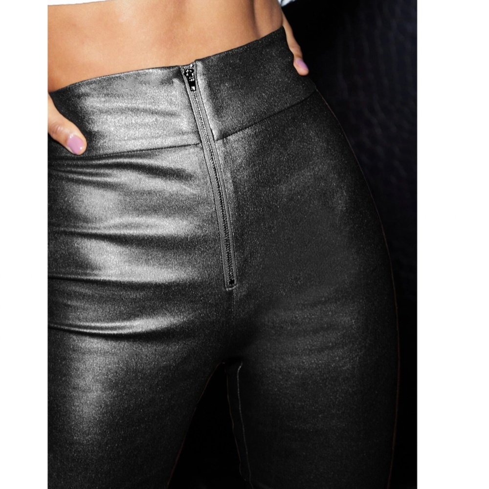 Skinny Zip Front Black Metallic High Waisted Pants Wide Waist Band Stretchy - Picture 5 of 6